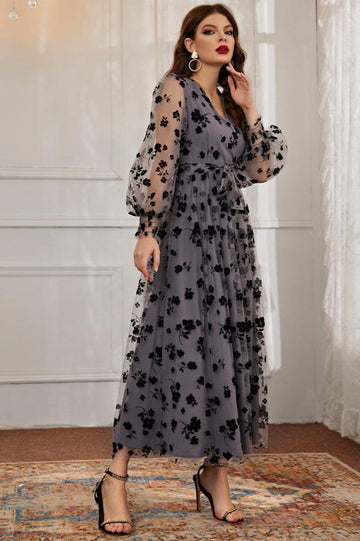 Woochic robe à manches longues col en V tulle dentelle taille haute gris S